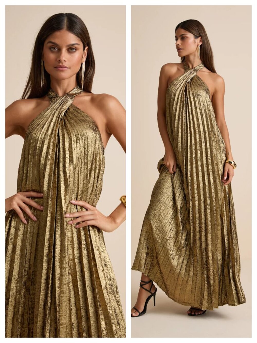 Lulus Gelsey Gold Lurex Pleated Halter Shift Maxi Dress L - Picture 2 of 16